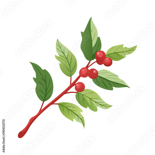 A closeup of a fresh branch of ripe red currant berries with green leaves in a summer garden nature setting