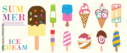 Hand drawn colorful ice cream vector set featuring popsicle, cone, scoop and frozen dessert. Fun summer illustration with texture, perfect for menu, poster, kids design, packaging and sweet branding.