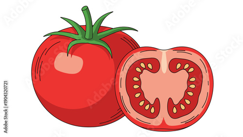 Fresh whole red tomato with its green stem next to a juicy half slice showing seeds isolated on a clean white background for culinary use.