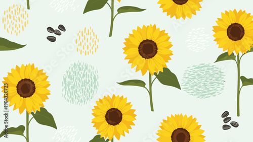 Beautiful seamless pattern of blooming yellow sunflowers with green leaves and black seeds on a light background for summer decoration.