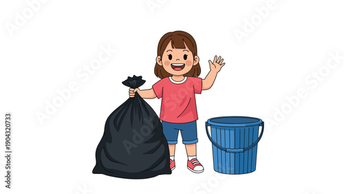 Happy young girl holding a large black trash bag and waving while standing next to a blue bin to encourage proper waste management.
