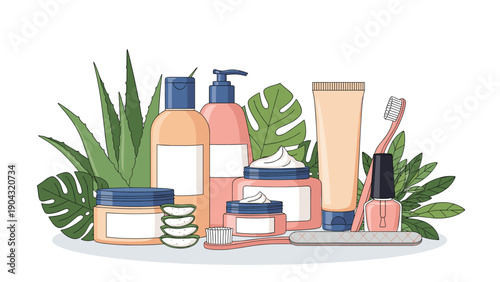 Comprehensive collection of cosmetic and skincare products including creams, lotions, aloe vera, and nail polish for a daily beauty routine.