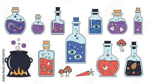 Whimsical collection of colorful magic potions in glass bottles, a bubbling cauldron, and enchanted mushrooms for a fantasy theme.