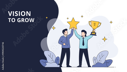 Successful business team celebrating an achievement by holding up a large gold trophy and a star representing victory and professional growth.