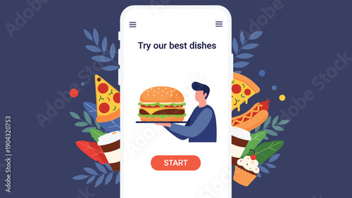 Mobile food delivery application interface showing a waiter serving a large burger with background icons of pizza, hot dogs, and coffee.