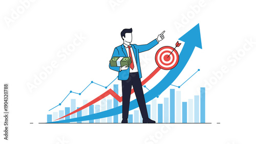 Ambitious businessman holding cash and pointing at a target on a rising financial performance graph representing success and goal achievement.