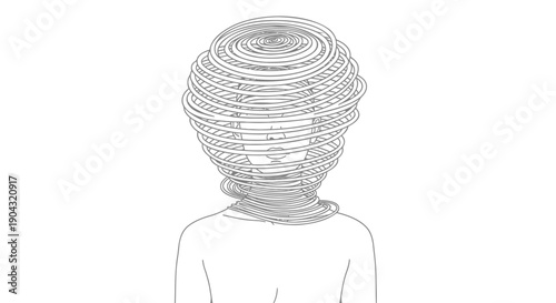 Vector illustration of a person's head and shoulders with a coiled spring or spring-like structure on their head and neck, for creative or conceptual use, isolated on transparent background, png
