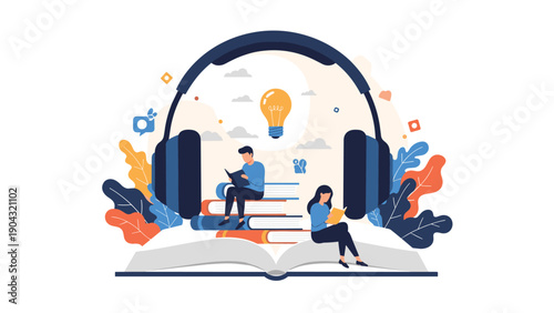 Concept of audiobooks and digital learning with tiny people reading on stacks of books inside a large pair of headphones.