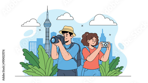 Young tourist couple exploring the city and taking photographs of a landmark tower and skyline with their digital cameras.