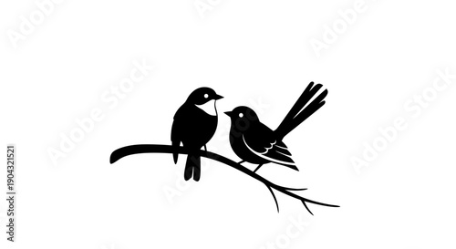 A cute winter nature illustration of two wild bullfinch birds with black wings and feathers sitting on a tree branch wildlife vector art silhouette