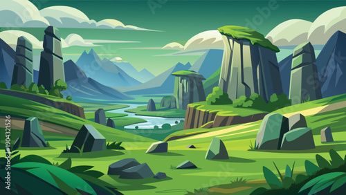 Mystical valley surrounded by majestic green mountains and ancient rock formations