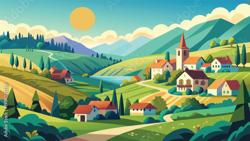 A picturesque village nestled in a serene valley under a bright summer sky