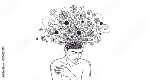 Vector illustration of a person with a chaotic mind, thought bubbles and swirling patterns, for mental health or stress concept, isolated on transparent background, png