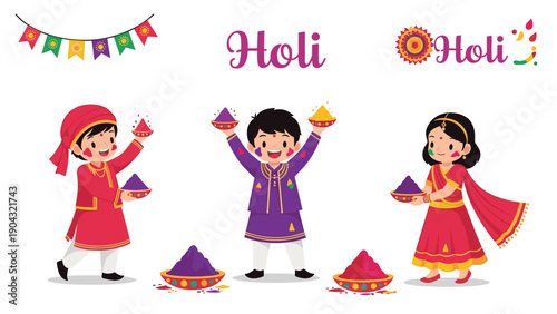 Happy Indian children in traditional attire celebrating the Holi festival of colors with bowls of vibrant powder paint and decorations.