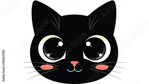 Adorable and simple cartoon face of a black cat with huge, expressive, sparkling eyes and cute pink blushing cheeks on white.