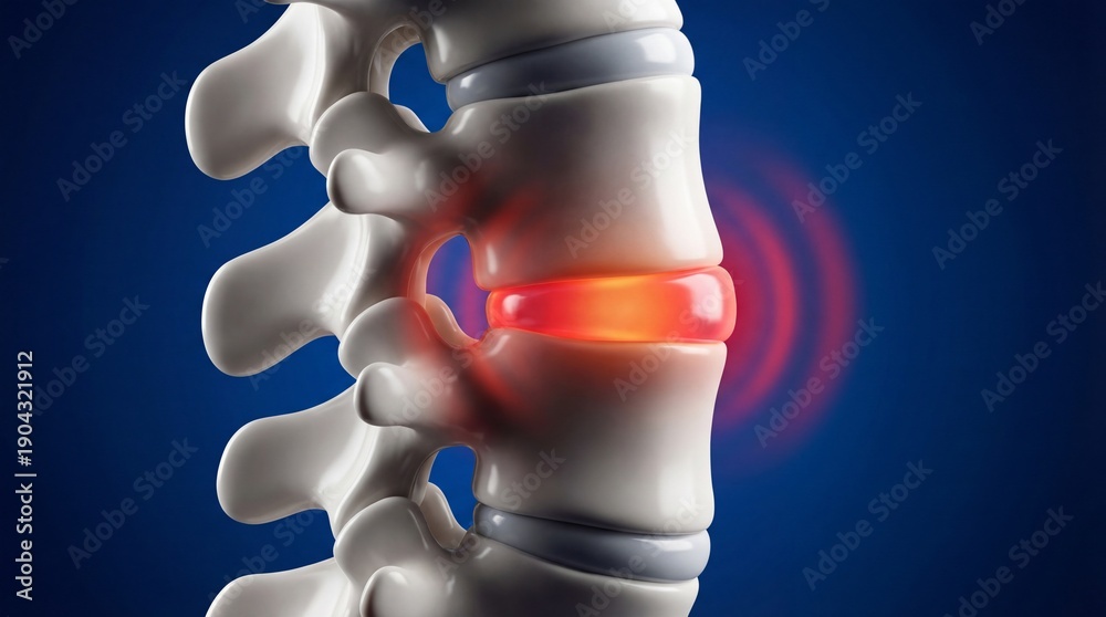 Obraz premium 3D illustration of a spine with a herniated disc on a blue background