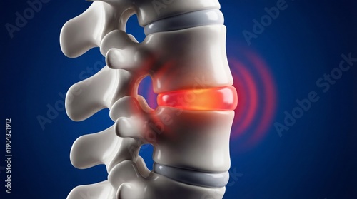 3D illustration of a spine with a herniated disc on a blue background