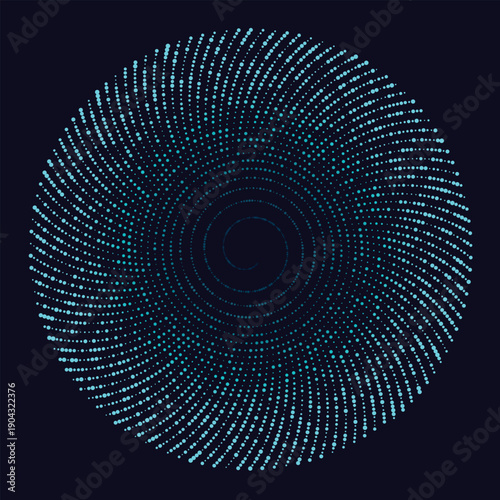 Blue dots abstract digital spiral pattern technology vortex flow background.