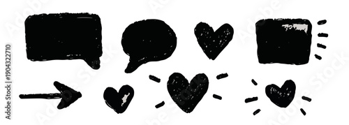 Collection de silhouettes noires dessinées à la main comprenant des bulles de dialogue, des cœurs et une flèche sur fond transparent.