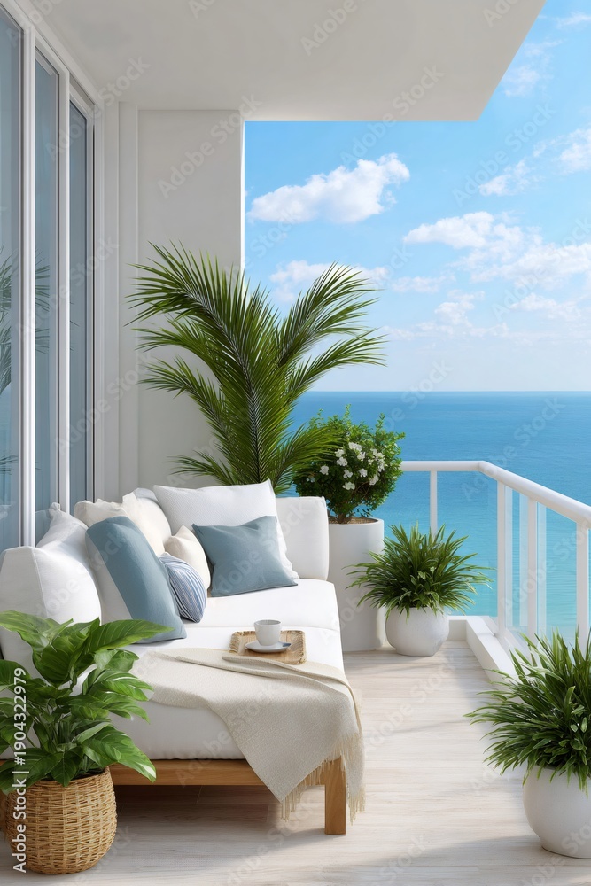 Obraz premium Private balcony overlooking ocean with tropical plants