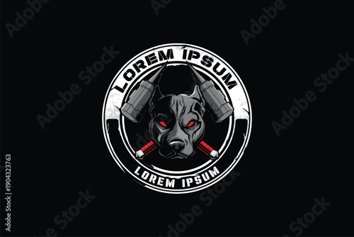 Pitbull head with cross post-apocalyptic mallet style logo vector image template