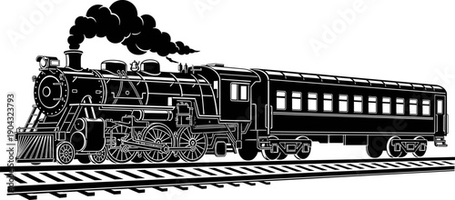 Vintage steam locomotive train illustration isolated on white background classic railway transport black and white vector design for history travel industry graphics
