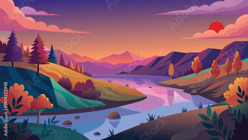 A serene sunset over a picturesque autumnal valley with winding river