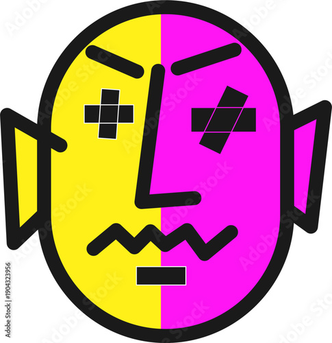 Split Personality Cartoon Face Illustration.