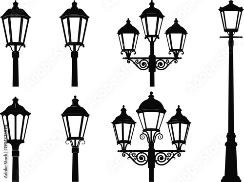 Vintage street lamp silhouette set classic outdoor lanterns decorative city lighting antique iron streetlights black vector illustration isolated white background collection design elements icons