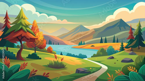 Scenic autumn landscape with winding path and serene lakeside view