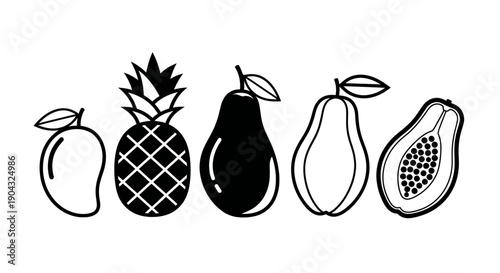 Assorted Tropical Fruits Line Art Icons: Mango, Pineapple, Pear, Papaya