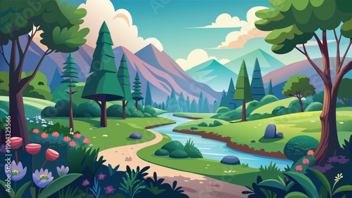 A serene fantasy landscape with a winding path through lush mountains and forests