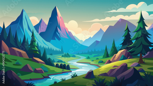 Serene mountain landscape with a peaceful river and vibrant forests