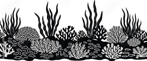 WebUnderwater coral reef silhouette with seaweed marine plants ocean bottom aquatic nature tropical ecosystem black vector illustration isolated white background design collection banner scene