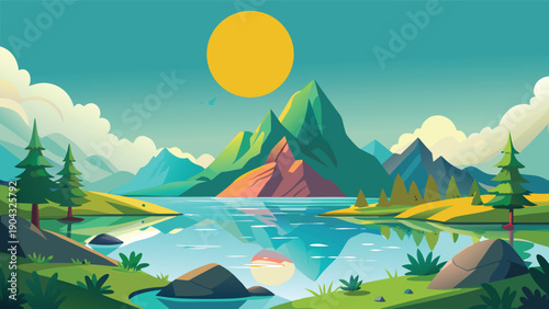 Serene mountain lake with radiant sunrise amidst lush greenery and vibrant peaks