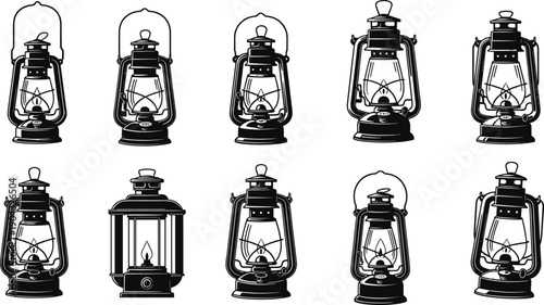 Vintage oil lantern silhouette set classic kerosene lamps camping light antique retro illumination black vector illustration isolated white background collection design elements icons pack