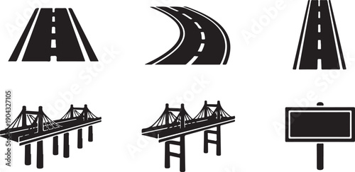 Diverse road and infrastructure scenarios depicted in black and white icons