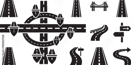 Collection of various road signs and symbols for traffic and navigation