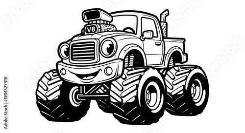 Cartoon Monster Truck with V8 Engine - Black and White Outline