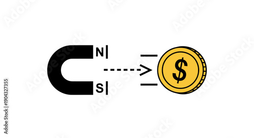 This creative black magnet and coin icon represents attraction, financial growth, investment, and business opportunity concepts. The illustration symbolizes pulling value, profit generation, and monet
