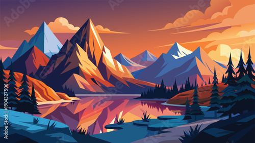 Serene mountain range at golden hour with reflective lakes and forest