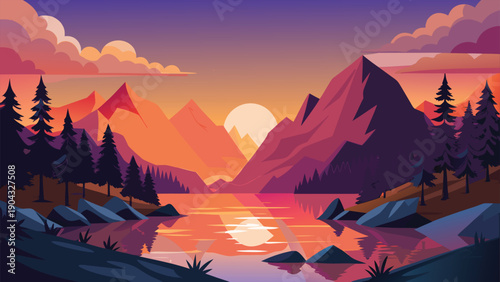 Serene sunset over majestic mountain peaks and calm lake