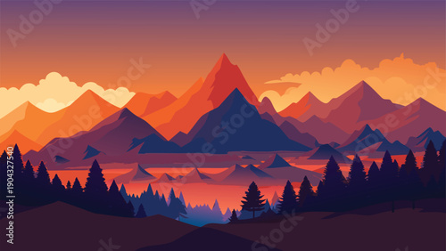 Serene mountain range at sunset with calm lake and forest
