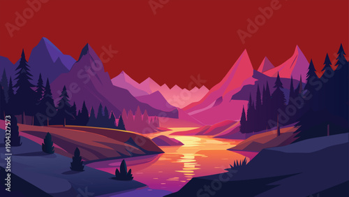 Serene sunset over mountain lakes and forests in vibrant colors