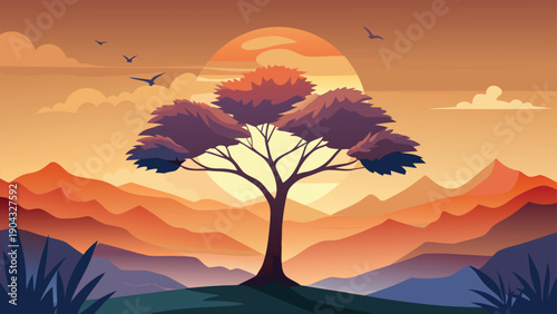 A solitary tree stands majestically at dusk amidst a serene and colorful landscape