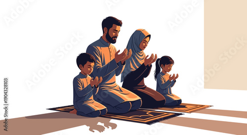 Vector illustration of a Muslim woman praying indoors during Ramadan with a mosque scene at night in the background.