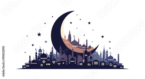 Vector illustration of a crescent moon shining over a mosque and cityscape during a nighttime Ramadan scene, with stars and a dark blue and orange color scheme.