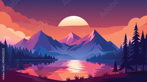 Serene sunset over mountainous lake and forest at dusk