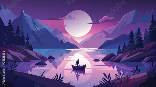 Serene twilight boat ride amidst a mystical mountain lake under a full moon