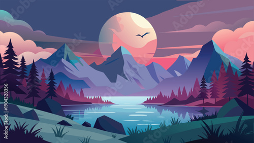 Tranquil lakeside landscape under a glowing moonlit sky with misty mountains